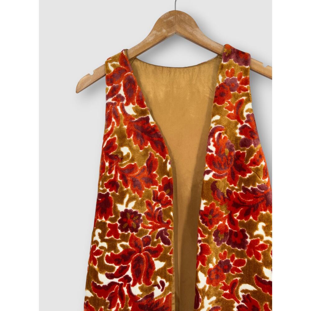 70s Vintage Orange Floral Cut Velvet Open Front Longline Vest - Picture 4 of 5
